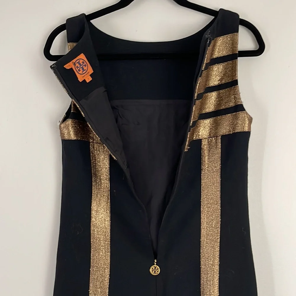 Tory Burch Simca Gold Lame’ Trim Crepe Black Dress Size 2